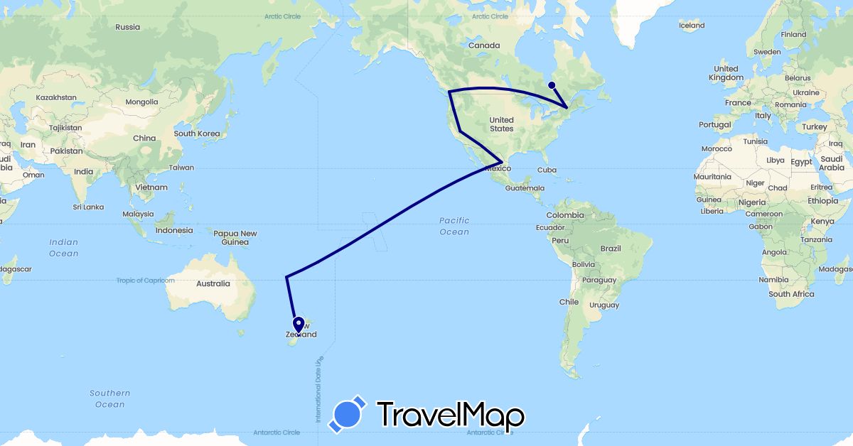 TravelMap itinerary: driving in Canada, Mexico, New Caledonia, New Zealand, United States (North America, Oceania)